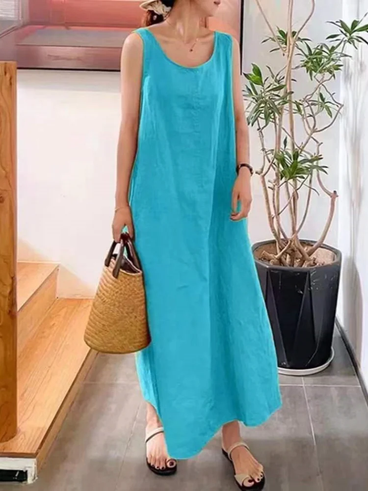 Summer beach vacation style, loose and large-sized women's round-neck sleeveless cotton and linen floor-length dress