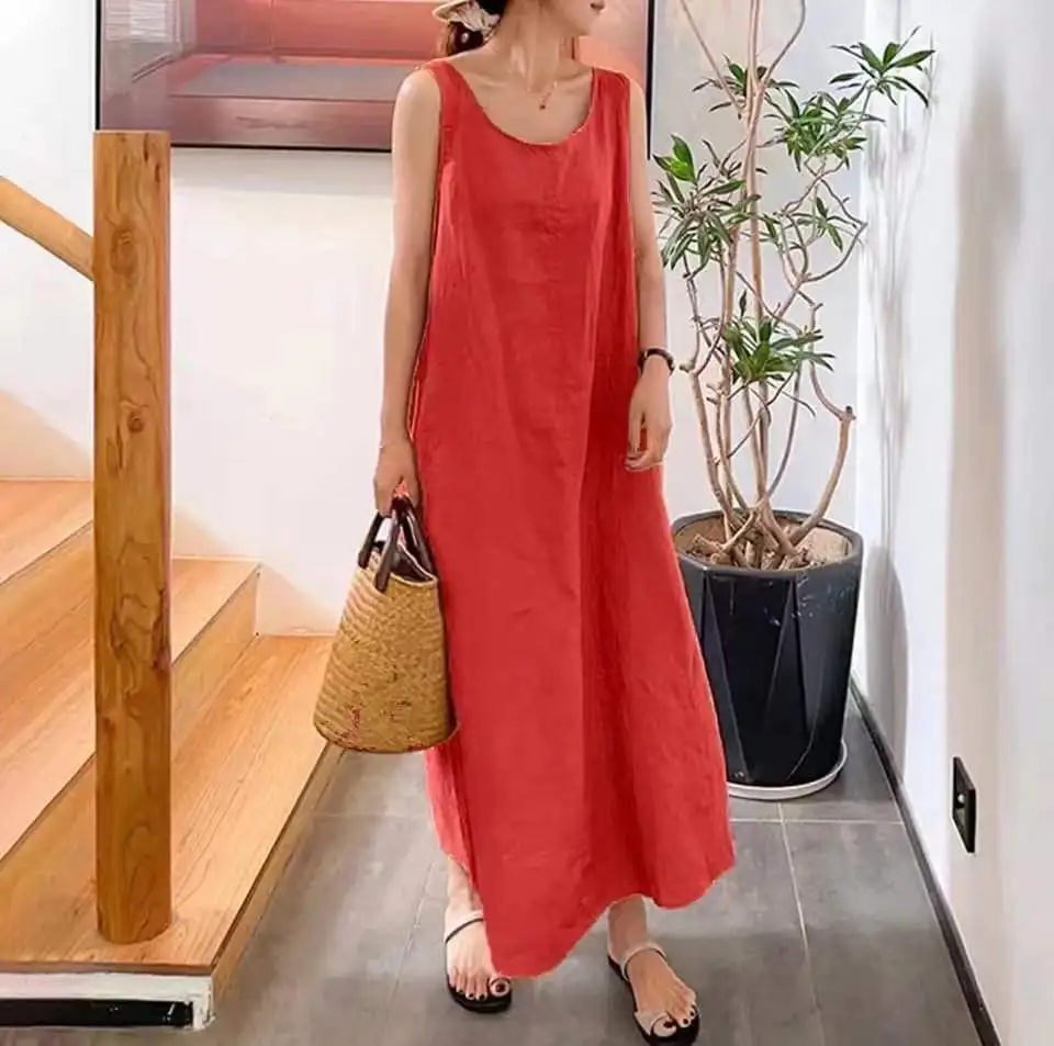Summer beach vacation style, loose and large-sized women's round-neck sleeveless cotton and linen floor-length dress