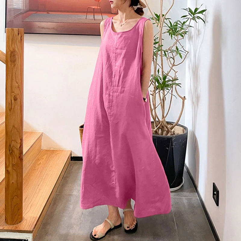 Summer beach vacation style, loose and large-sized women's round-neck sleeveless cotton and linen floor-length dress