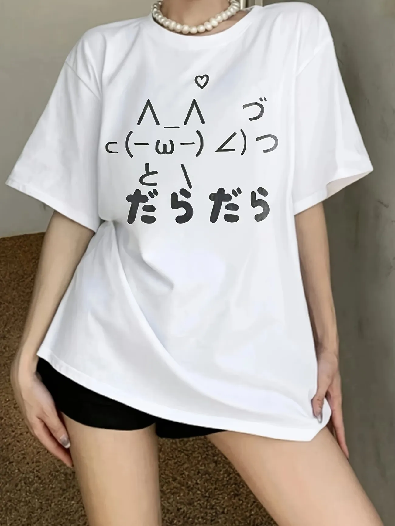 Funny Lazy Daradara Japanese Text T-shirt Cute Kaomoji Printed White Tee Unisex Casual Summer Short Sleeve Streetwear Tops