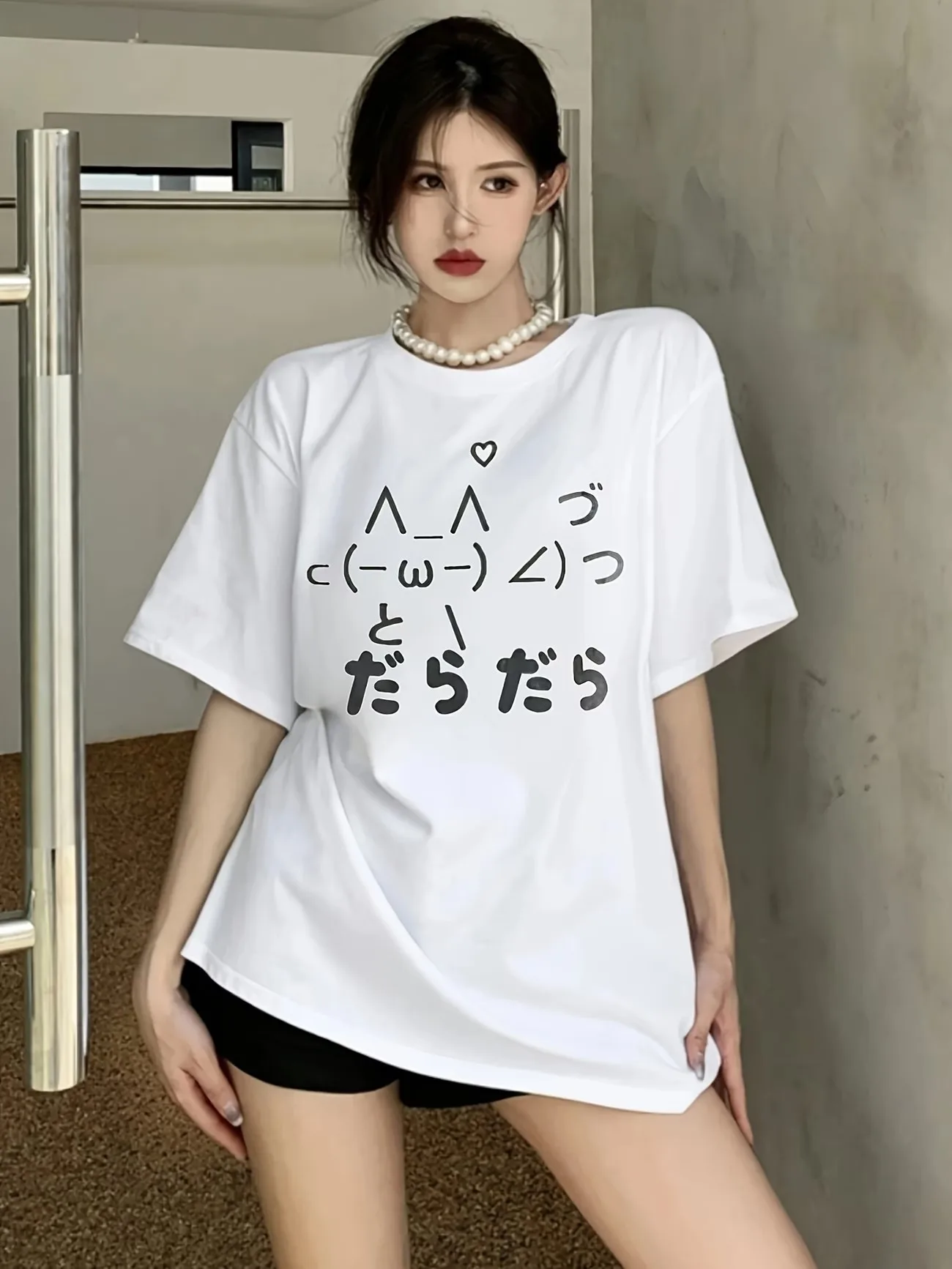 Funny Lazy Daradara Japanese Text T-shirt Cute Kaomoji Printed White Tee Unisex Casual Summer Short Sleeve Streetwear Tops