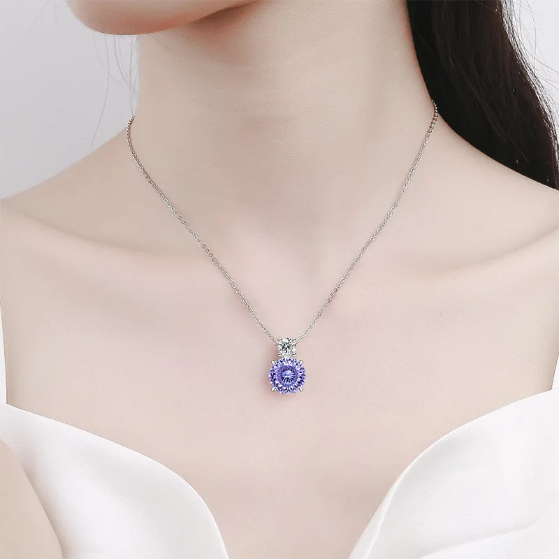 925 Sterling Silver Fire Bird's Nest Cut High Carbon Diamond Necklace Bright Violet Elegant Pendant Collarbone Chain
