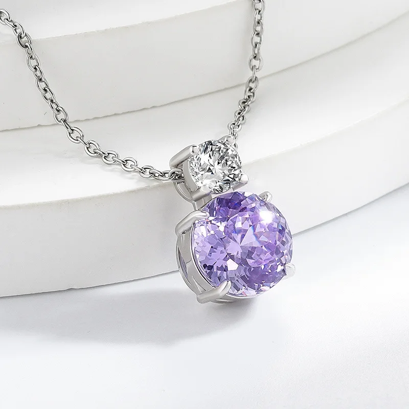 925 Sterling Silver Fire Bird's Nest Cut High Carbon Diamond Necklace Bright Violet Elegant Pendant Collarbone Chain