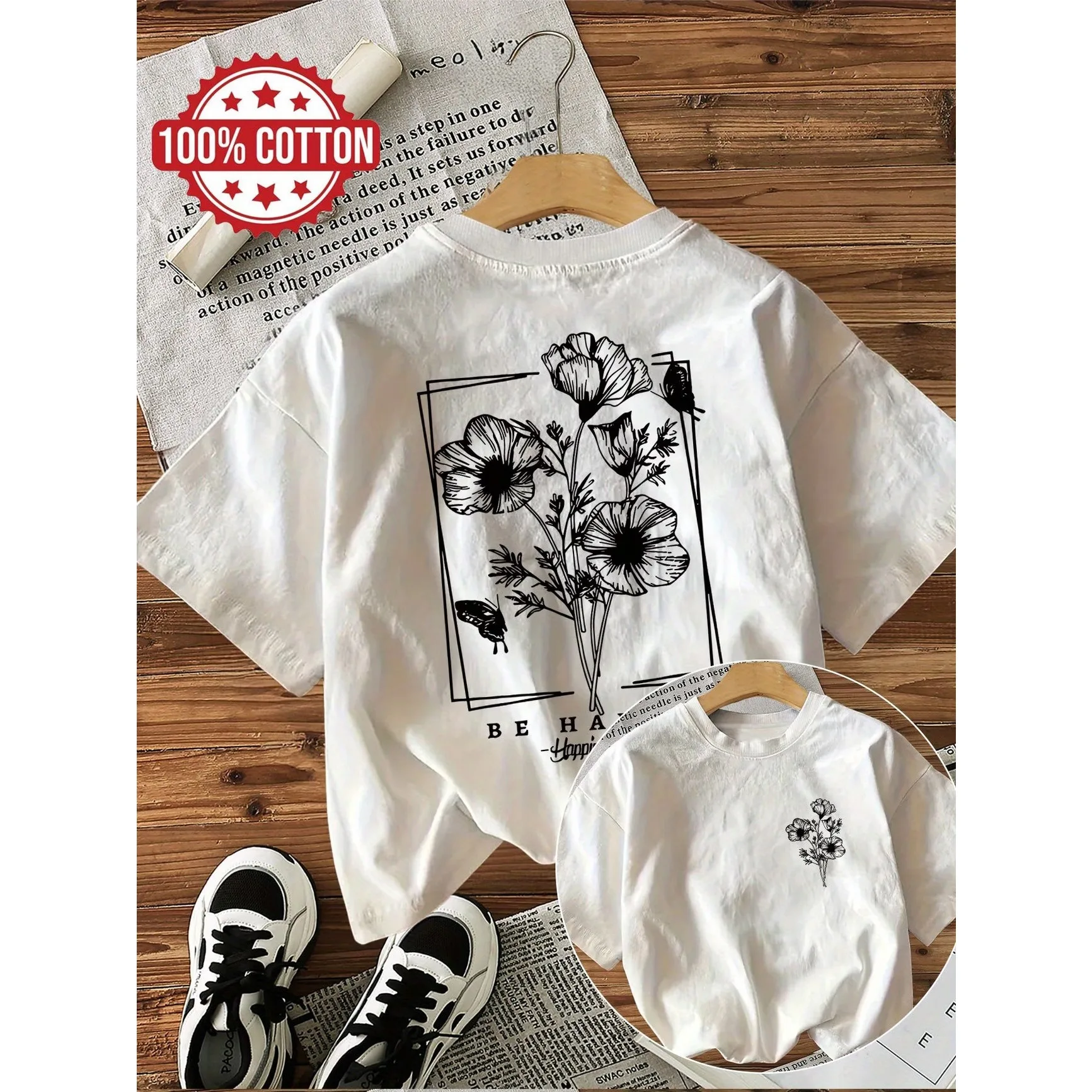 Y2k 100% Cotton Women's Retro Floral Print T-Shirt Soft Crew Neck Short Sleeve Top Vintage Flower Shirt Floral Design