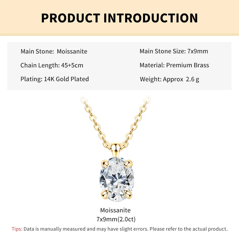 Rrjzz Oval Cut 7x9mm D Color Moissanite Necklace for Women 2CT Solitaire Lab Imitation Diamond Charm Necklaces Jewelry Gifts