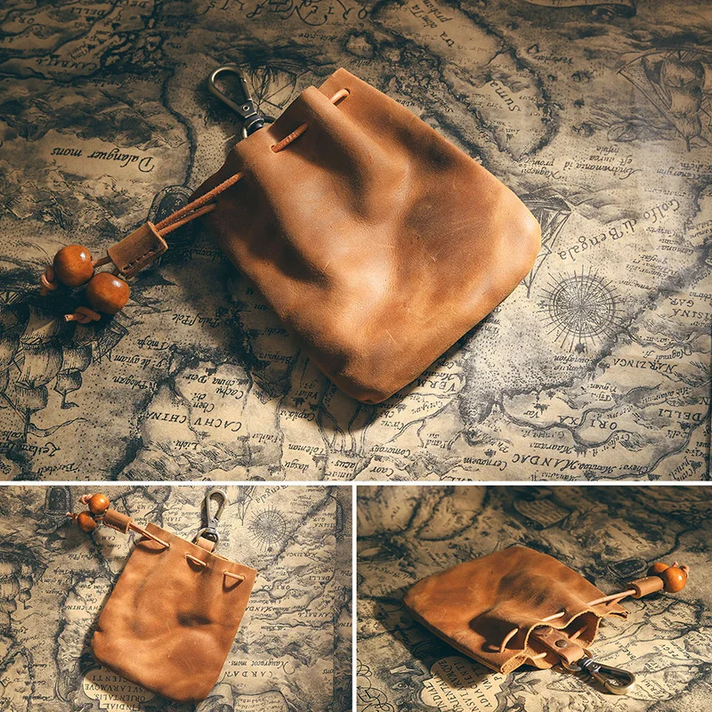 Handmade Vintage Genuine Leather Drawstring Coin Purse Mini Portable Soft Leather Key Wallet For Ladies