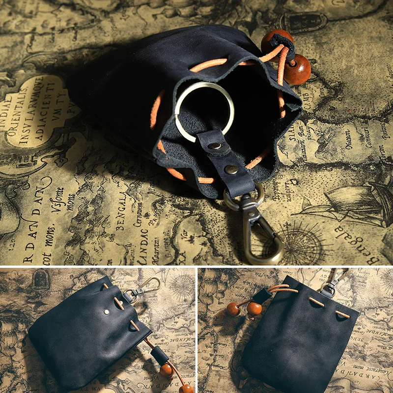 Handmade Vintage Genuine Leather Drawstring Coin Purse Mini Portable Soft Leather Key Wallet For Ladies