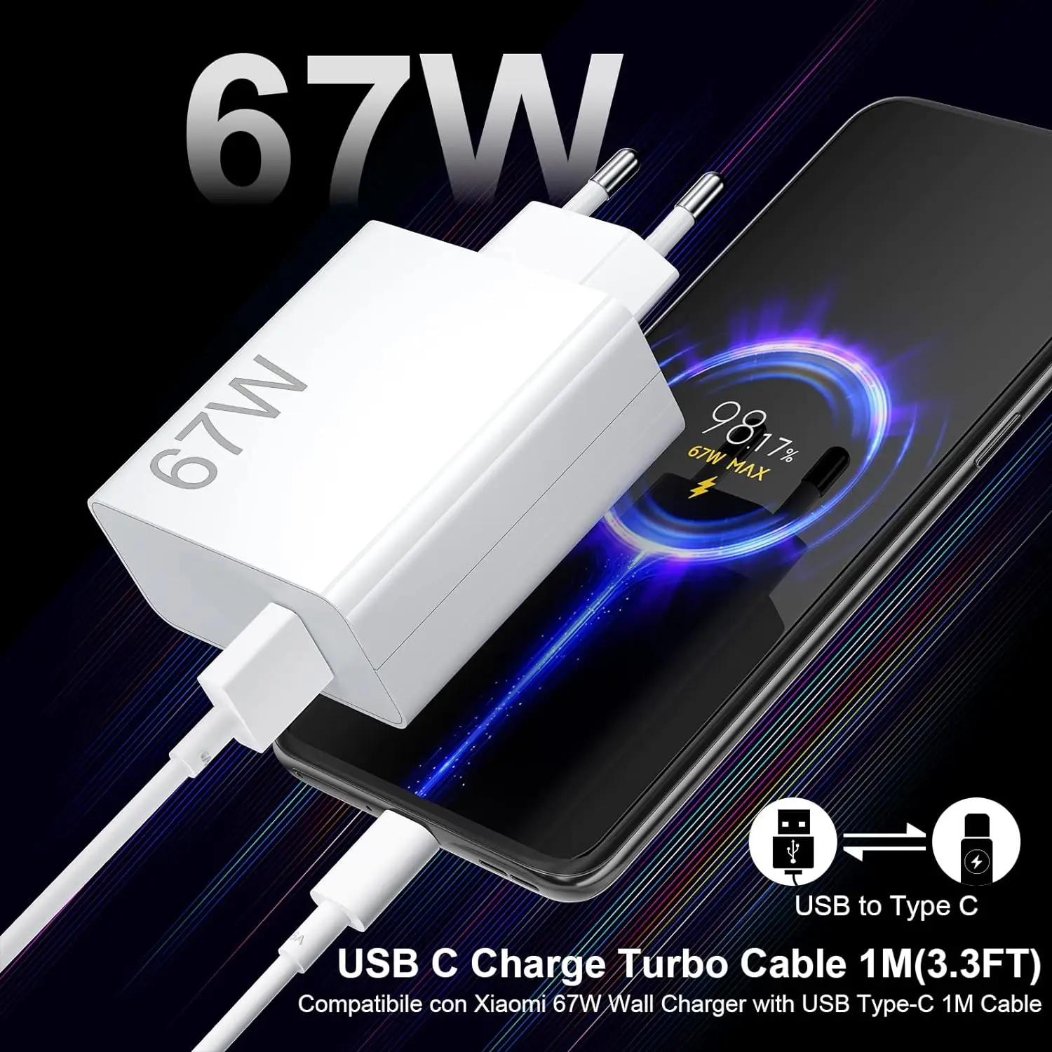 67W EU Turbo Fast Charger For Xiaomi 12 13 14 15 17 Pro Redmi Note 11 12 13 14 Pro POCO X5 X6 X7 Type C USB Quick Charging Cable