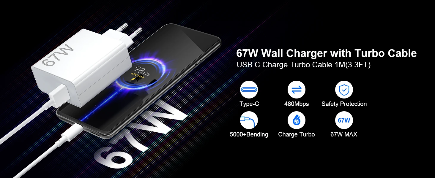 67W EU Turbo Fast Charger For Xiaomi 12 13 14 15 17 Pro Redmi Note 11 12 13 14 Pro POCO X5 X6 X7 Type C USB Quick Charging Cable