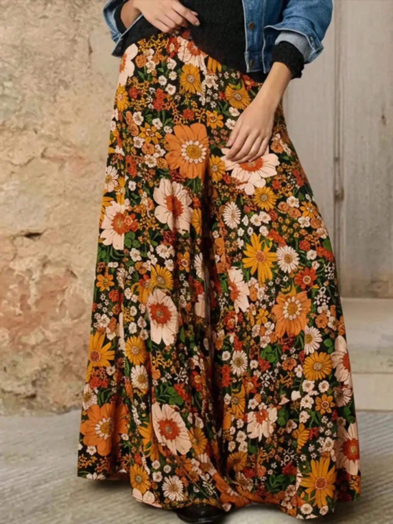 Plus-Size Women's Floral Print Loose Wide-Leg Pants, Elegant with Pockets, Suitable for Vacation and Countryside Style, Everyday Casual Wear, Romantic Pants That Can Be Worn in All Seasons