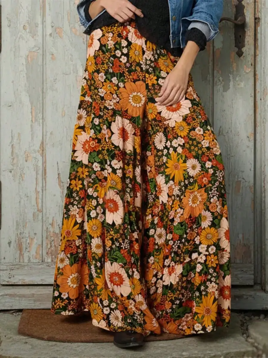 Plus-Size Women's Floral Print Loose Wide-Leg Pants, Elegant with Pockets, Suitable for Vacation and Countryside Style, Everyday Casual Wear, Romantic Pants That Can Be Worn in All Seasons