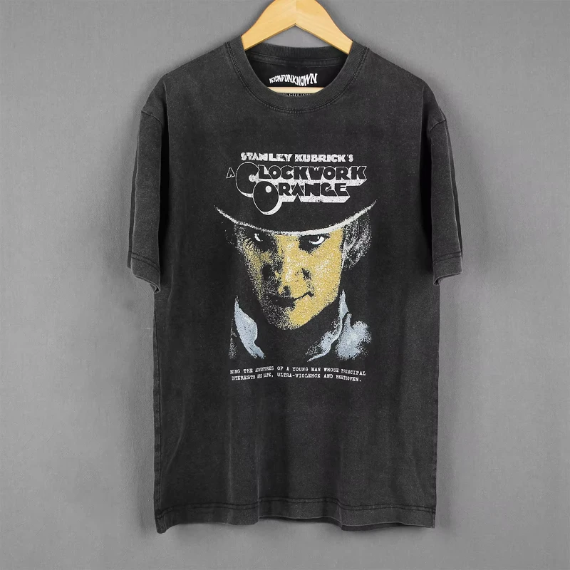 Vintage cotton long sleeved washed printed T-shirt, spring orange T-shirt, Stanley Kubrick guessing train, Thelma Louise movie