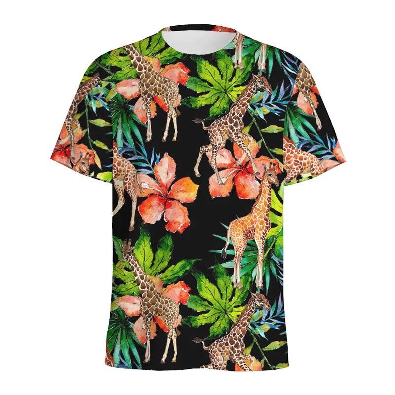 Summer Comfortable and Fashionable Flower Animal Cute Giraffe Pattern Girl Round Neck Short Sleeved T-shirt