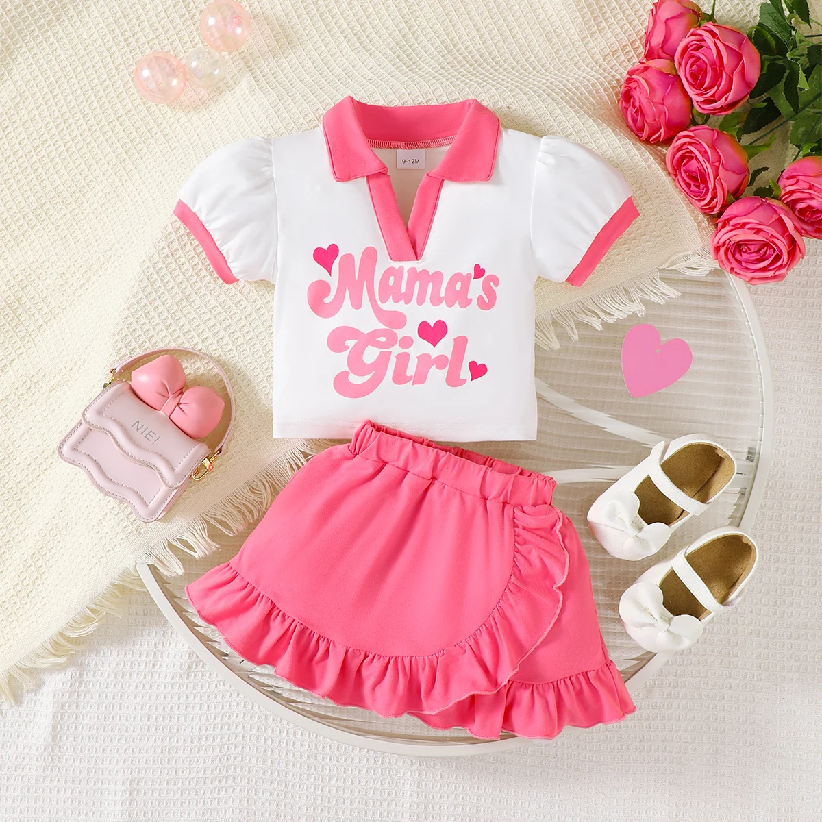 0-3 Year Baby Girl Set Rose Red Letter Printed Top Ruffled Irregular Design Half Skirt 2Pcs/ Set, Toddler Summer Fashion Set