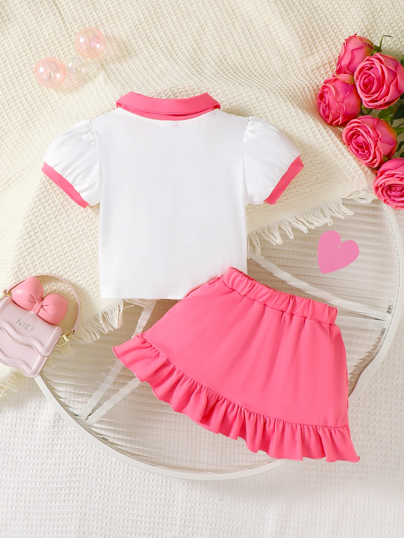 0-3 Year Baby Girl Set Rose Red Letter Printed Top Ruffled Irregular Design Half Skirt 2Pcs/ Set, Toddler Summer Fashion Set