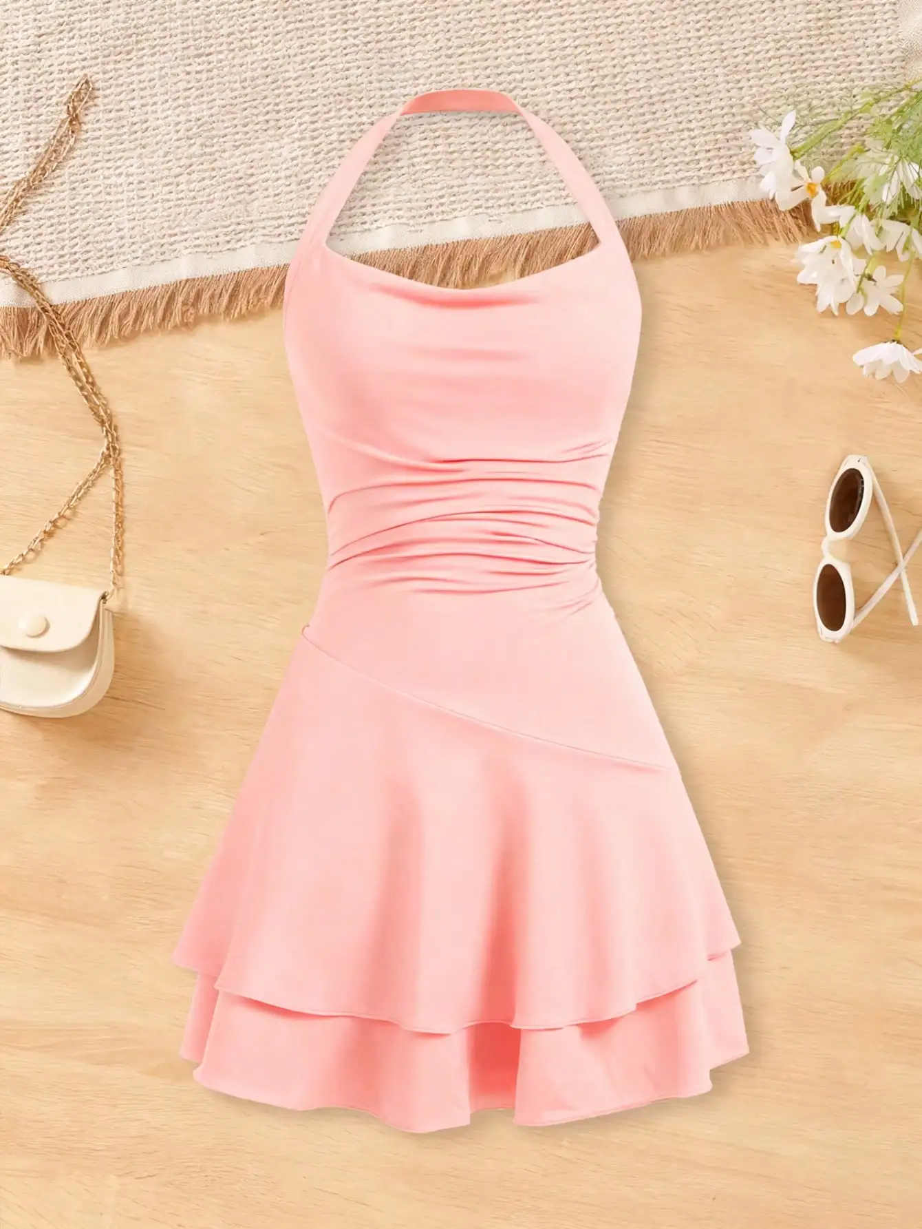 2026 girls' fashionable dress with waist cinching and slimming effect, backless cross tie dress, children's clothing 1