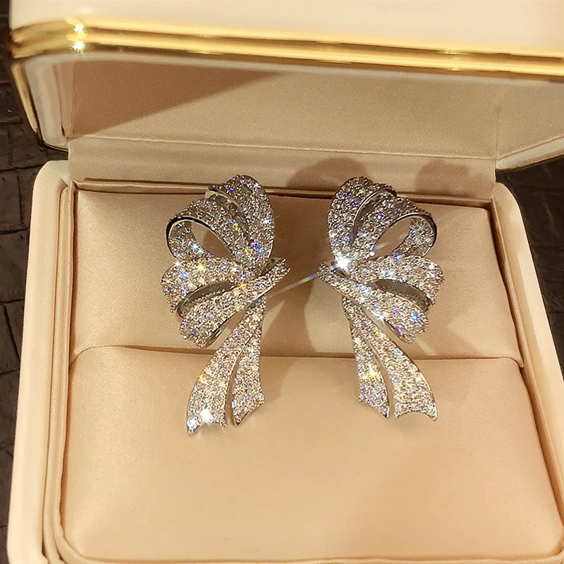 Huitan Gorgeous Bow Drop Earrings Paved Sparkling CZ Silver Color/Gold Color Exquisite Ribbon Earrings Trendy Jewelry for Women