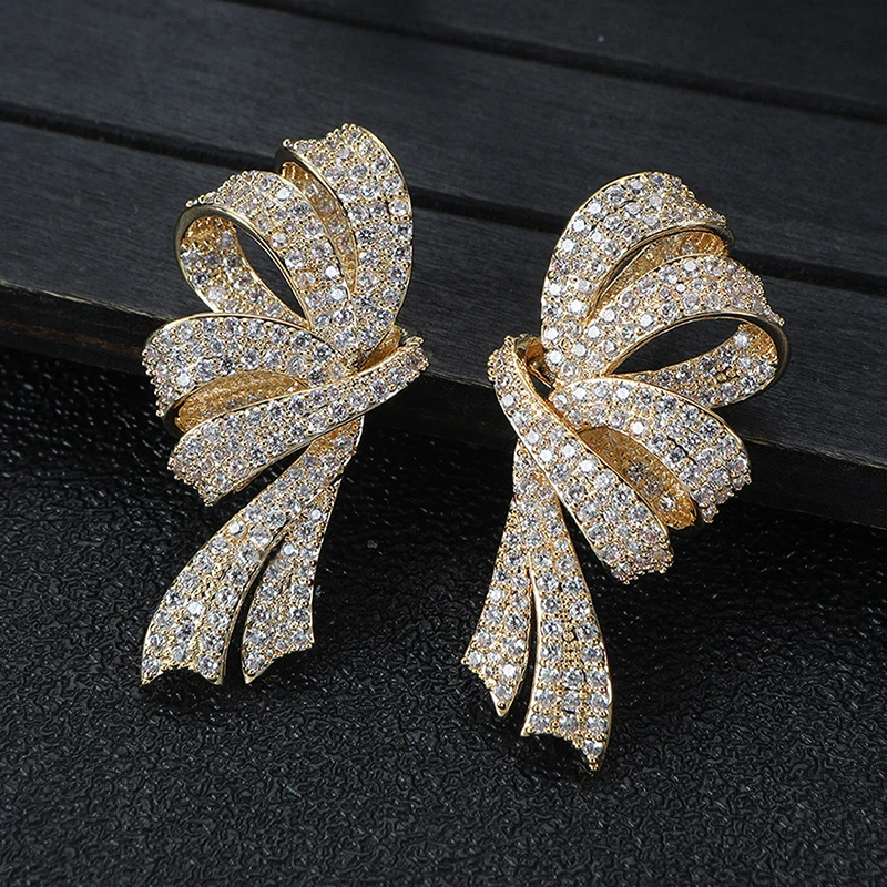 Huitan Gorgeous Bow Drop Earrings Paved Sparkling CZ Silver Color/Gold Color Exquisite Ribbon Earrings Trendy Jewelry for Women