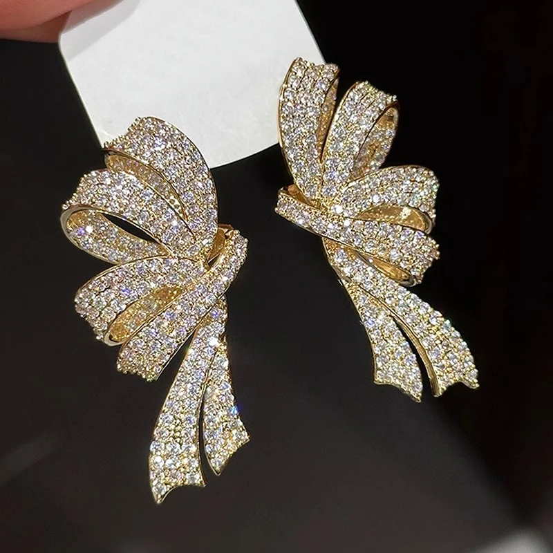 Huitan Gorgeous Bow Drop Earrings Paved Sparkling CZ Silver Color/Gold Color Exquisite Ribbon Earrings Trendy Jewelry for Women