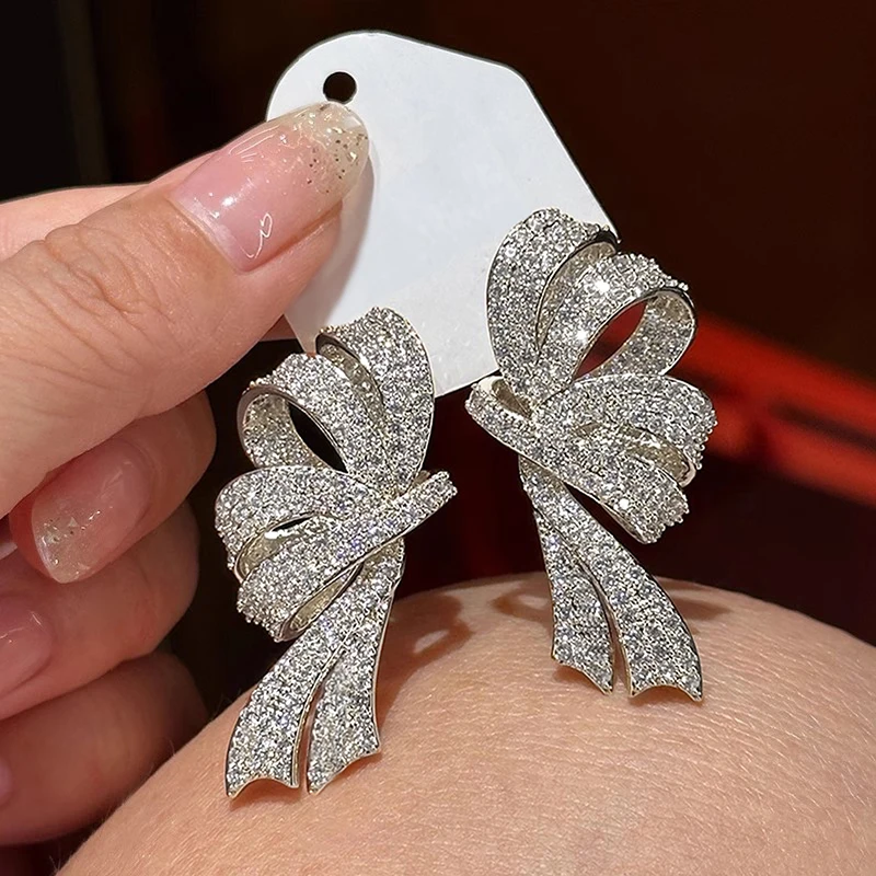 Huitan Gorgeous Bow Drop Earrings Paved Sparkling CZ Silver Color/Gold Color Exquisite Ribbon Earrings Trendy Jewelry for Women