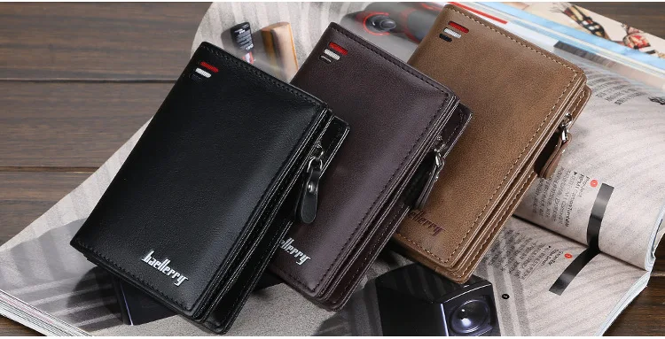 Baellerry Men's PU Leather Short Wallet Vintage Big Capacity with Zipper Coin Pocket Male Card Holder And Money Purse