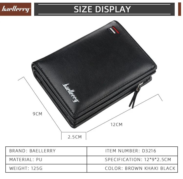 Baellerry Men's PU Leather Short Wallet Vintage Big Capacity with Zipper Coin Pocket Male Card Holder And Money Purse