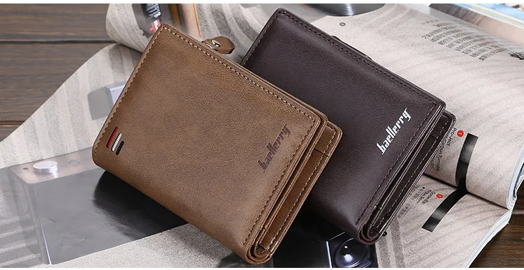 Baellerry Men's PU Leather Short Wallet Vintage Big Capacity with Zipper Coin Pocket Male Card Holder And Money Purse