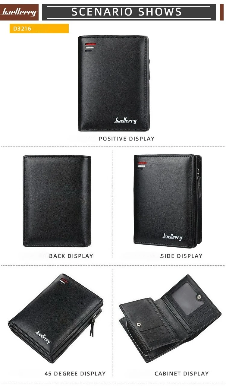 Baellerry Men's PU Leather Short Wallet Vintage Big Capacity with Zipper Coin Pocket Male Card Holder And Money Purse