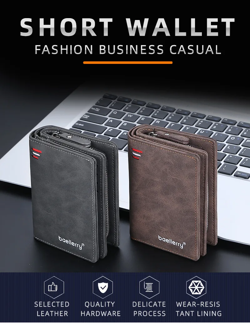 Baellerry Men's PU Leather Short Wallet Vintage Big Capacity with Zipper Coin Pocket Male Card Holder And Money Purse