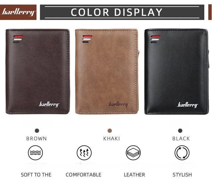 Baellerry Men's PU Leather Short Wallet Vintage Big Capacity with Zipper Coin Pocket Male Card Holder And Money Purse