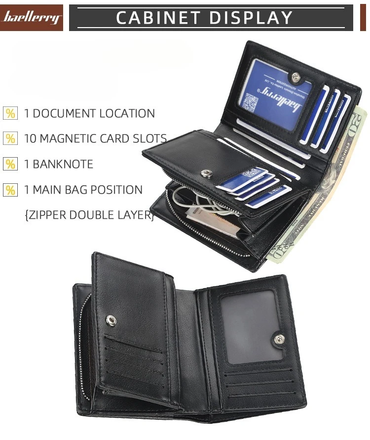 Baellerry Men's PU Leather Short Wallet Vintage Big Capacity with Zipper Coin Pocket Male Card Holder And Money Purse