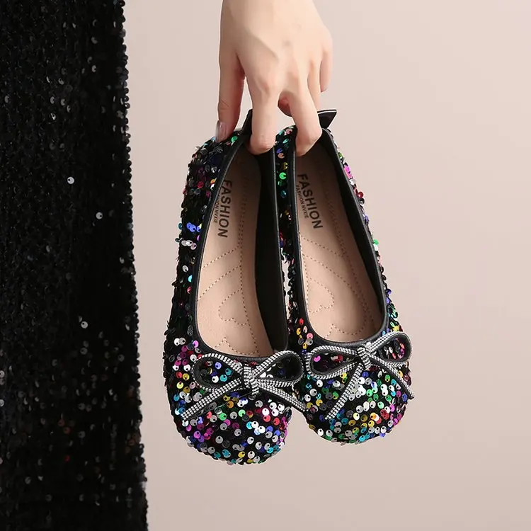 2026 Women Bling Flats Shoes Casual Walking Shoes Spring New Round Toe Bowtie Female Fashion Brand Dress Zapatillas Mujer