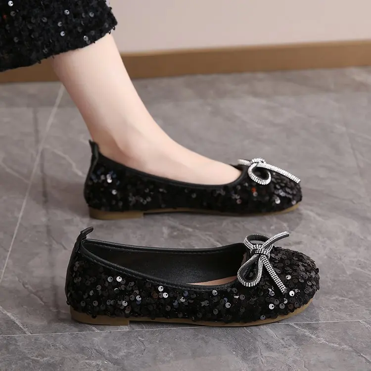 2026 Women Bling Flats Shoes Casual Walking Shoes Spring New Round Toe Bowtie Female Fashion Brand Dress Zapatillas Mujer