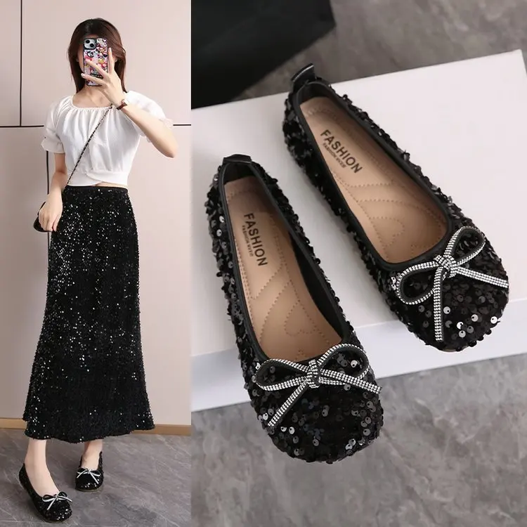 2026 Women Bling Flats Shoes Casual Walking Shoes Spring New Round Toe Bowtie Female Fashion Brand Dress Zapatillas Mujer