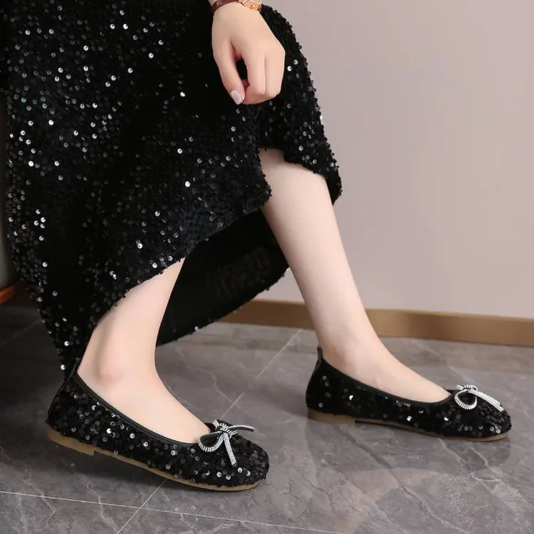 2026 Women Bling Flats Shoes Casual Walking Shoes Spring New Round Toe Bowtie Female Fashion Brand Dress Zapatillas Mujer