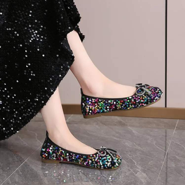 2026 Women Bling Flats Shoes Casual Walking Shoes Spring New Round Toe Bowtie Female Fashion Brand Dress Zapatillas Mujer