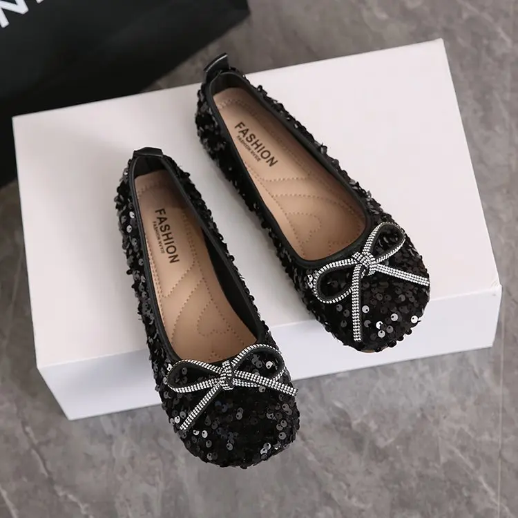 2026 Women Bling Flats Shoes Casual Walking Shoes Spring New Round Toe Bowtie Female Fashion Brand Dress Zapatillas Mujer