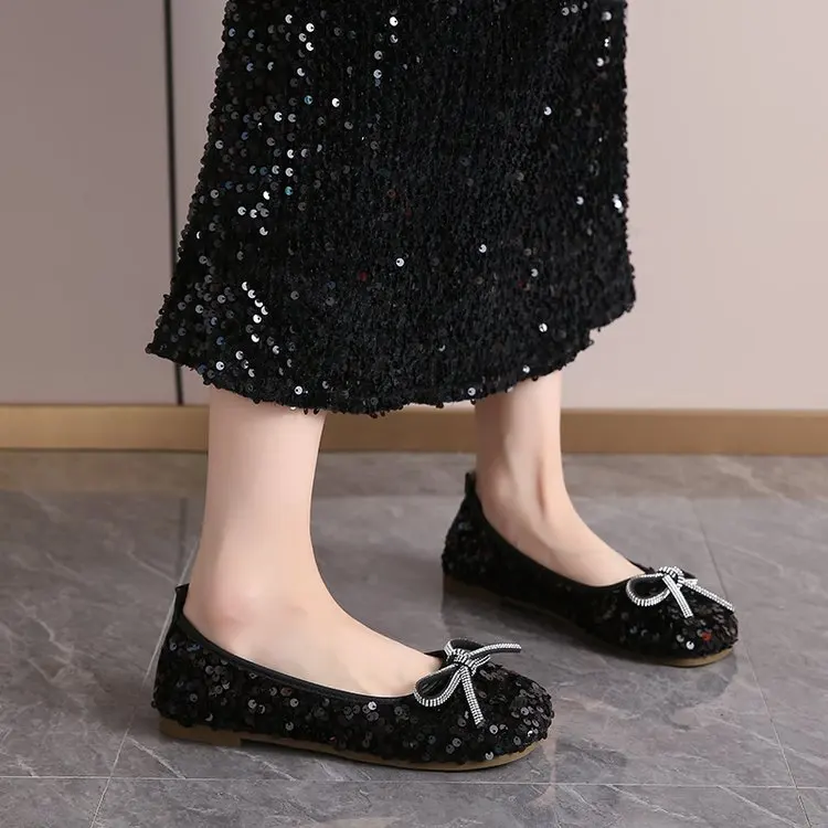 2026 Women Bling Flats Shoes Casual Walking Shoes Spring New Round Toe Bowtie Female Fashion Brand Dress Zapatillas Mujer