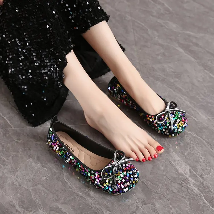 2026 Women Bling Flats Shoes Casual Walking Shoes Spring New Round Toe Bowtie Female Fashion Brand Dress Zapatillas Mujer