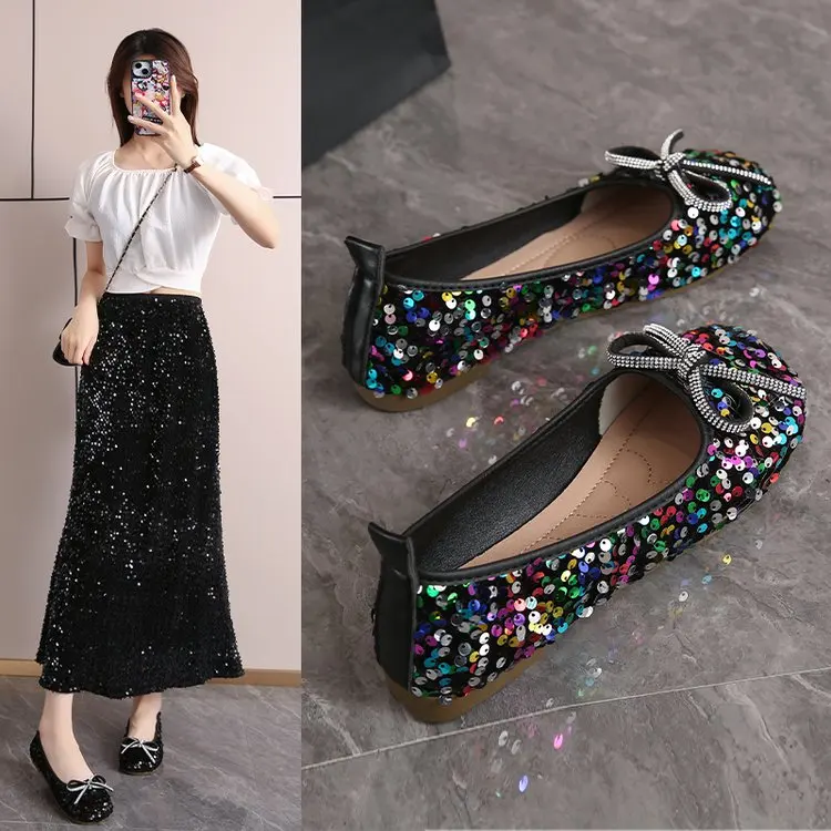 2026 Women Bling Flats Shoes Casual Walking Shoes Spring New Round Toe Bowtie Female Fashion Brand Dress Zapatillas Mujer