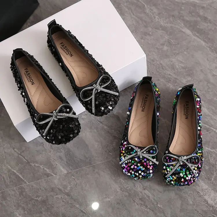 2026 Women Bling Flats Shoes Casual Walking Shoes Spring New Round Toe Bowtie Female Fashion Brand Dress Zapatillas Mujer
