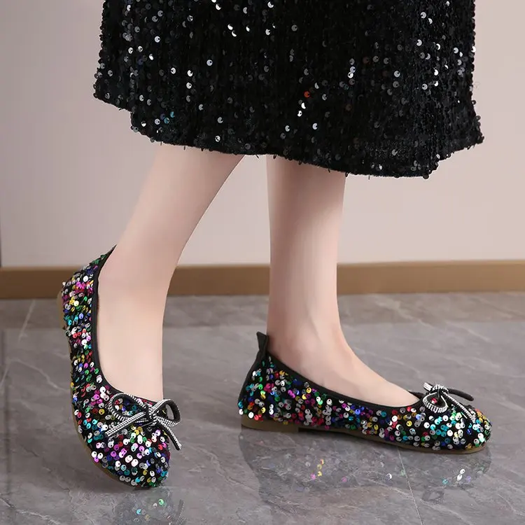 2026 Women Bling Flats Shoes Casual Walking Shoes Spring New Round Toe Bowtie Female Fashion Brand Dress Zapatillas Mujer