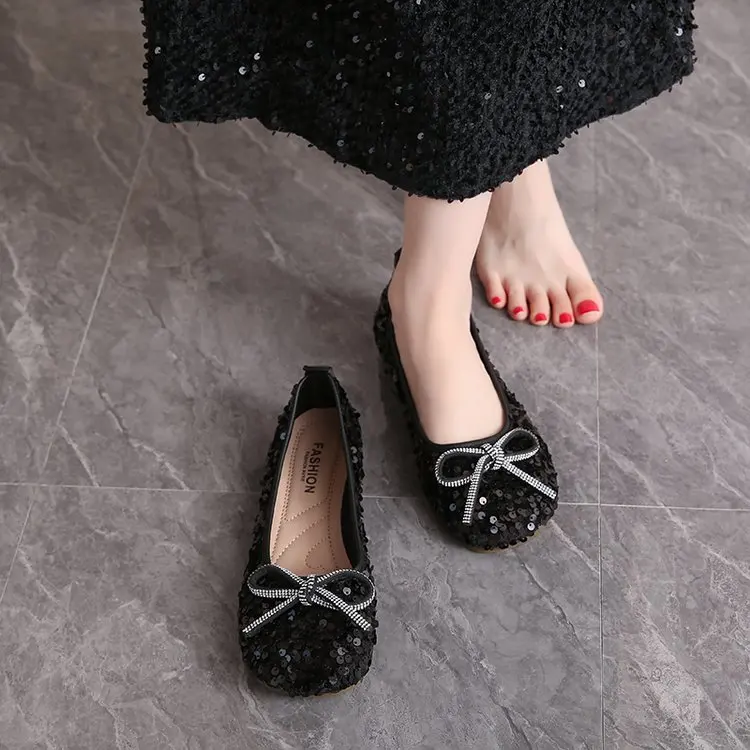 2026 Women Bling Flats Shoes Casual Walking Shoes Spring New Round Toe Bowtie Female Fashion Brand Dress Zapatillas Mujer