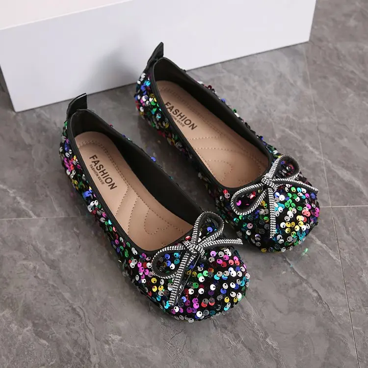 2026 Women Bling Flats Shoes Casual Walking Shoes Spring New Round Toe Bowtie Female Fashion Brand Dress Zapatillas Mujer
