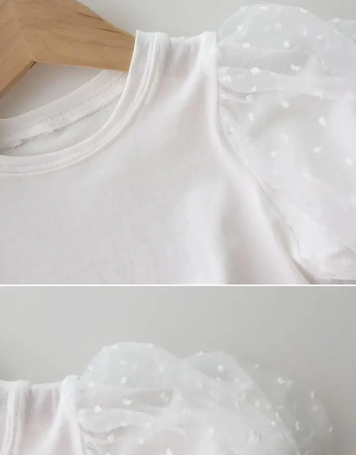 2026 New Summer Baby White Mesh Splice Puff Sleeve Top Girls Short Sleeve Base Shirt Fashionable Toddler T-Shirt