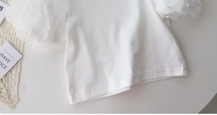 2026 New Summer Baby White Mesh Splice Puff Sleeve Top Girls Short Sleeve Base Shirt Fashionable Toddler T-Shirt