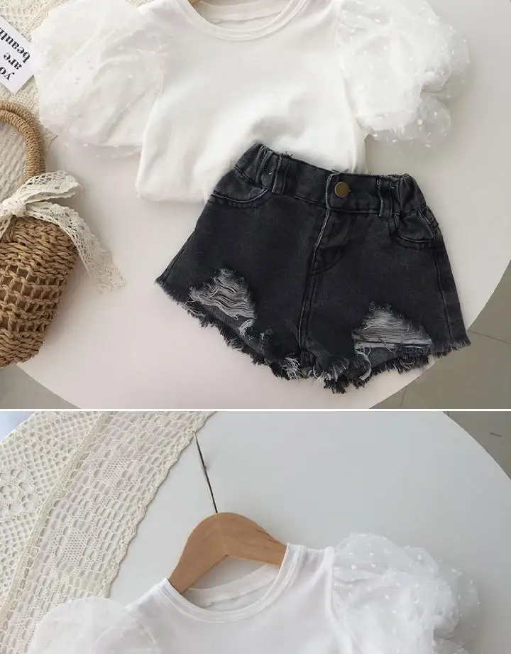 2026 New Summer Baby White Mesh Splice Puff Sleeve Top Girls Short Sleeve Base Shirt Fashionable Toddler T-Shirt