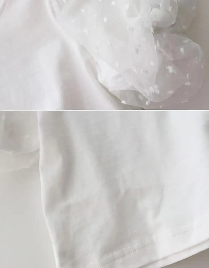 2026 New Summer Baby White Mesh Splice Puff Sleeve Top Girls Short Sleeve Base Shirt Fashionable Toddler T-Shirt
