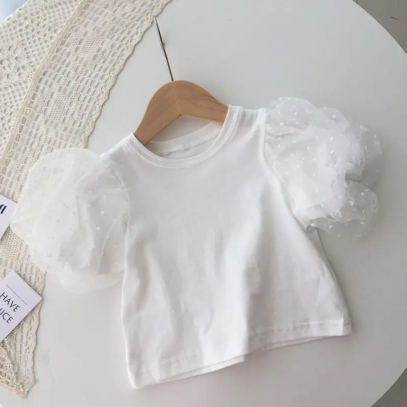 2026 New Summer Baby White Mesh Splice Puff Sleeve Top Girls Short Sleeve Base Shirt Fashionable Toddler T-Shirt