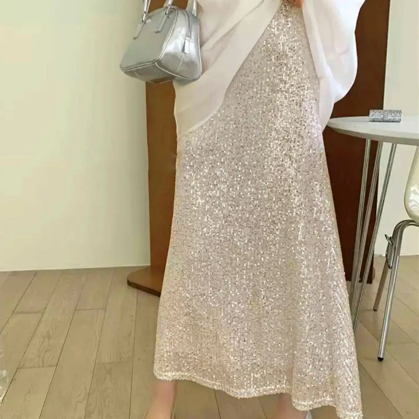 Shiny Sequin Fish Tail Skirt Women's High Waist Mid-Length Slimming A-Line Wraparound Skirt Elegant Trendy Half Body Skirt